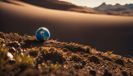 A miniature globe representing the Earth stands alone on a sandy desert dune, with the sun setting behind it. The scene evokes feelings of solitude and the vastness of nature.の写真素材