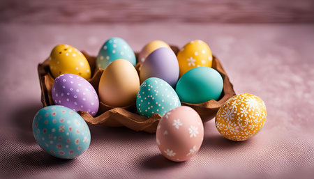 A collection of brightly colored Easter eggs in a nest, showcasing the joyful spirit of spring and...