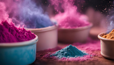 Close-up of colorful powder for Holi festival, a vibrant celebration in Indiaの写真素材