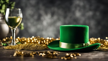 A green leprechaun hat with a gold band sits on a wooden table with a glass of wine and gold confetti in the foreground. It's a festive scene celebrating St. Patrick's Day.の写真素材
