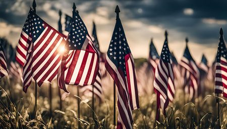 A field of flags waving in the wind at sunset, with a golden sky and dramatic clouds.の写真素材