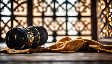 A close-up of a golden lens laying on a brown fabric and wooden table. The lens has a gold rim and black body. In the background, a blurry latticework pattern is visible.の写真素材