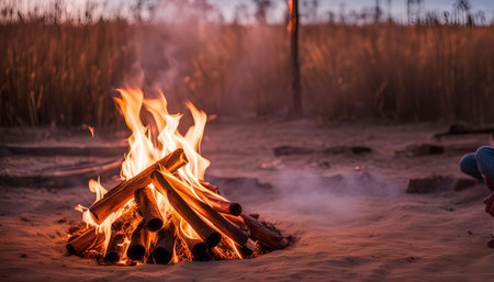 A close-up shot of a campfire burning brightly with flames reaching high in the air. The fire is surrounded by logs and ash, and the setting sun casts a warm glow on the scene.の写真素材