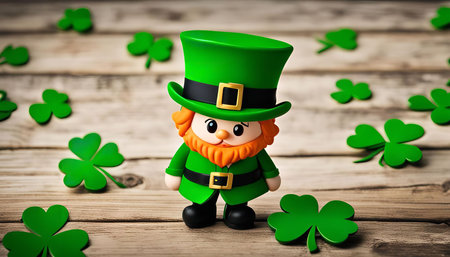 A cute leprechaun figurine wearing a green hat stands on a wooden background surrounded by shamrocks.の写真素材