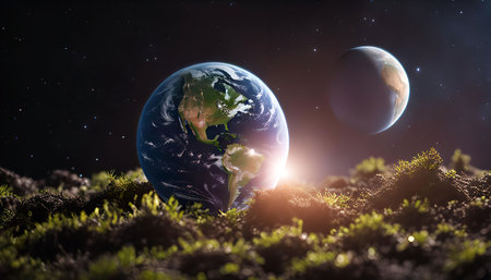 A stunning image of Earth from space, with a view of the planet's surface and a distant moon.の写真素材