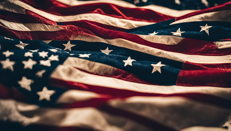 A close-up photo of an American flag, showing the detail and texture of the fabric. The image...