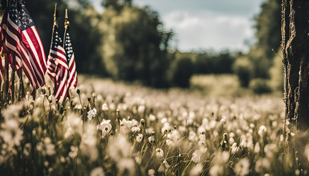 Three American flags stand tall in a field of white flowers, creating a patriotic scene against a backdrop of green foliage and a cloudy sky.の写真素材
