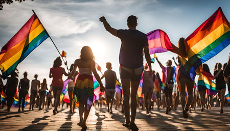 A vibrant pride parade with people holding rainbow flags and walking in celebration of diversity and equality.の写真素材
