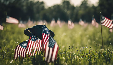 Close-up shot of American flags in a field of green grass, a black hat in the foreground, with blurred out flags in the background.の写真素材