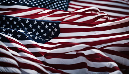 Close-up of an American flag waving in the wind. The red, white, and blue colors are vibrant, and the stars and stripes are clearly visible. The fabric is textured and the overall image is patriotic and symbolic.の写真素材
