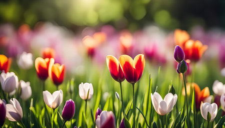 A close-up shot of colorful tulips blooming in a field, bathed in warm sunlightの写真素材