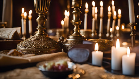 A close-up image of a table setting with golden candlesticks and candles, with a dark background.の写真素材