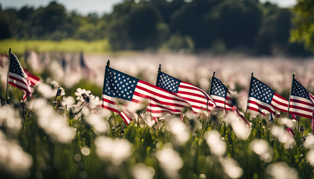 A field of white flowers with American flags waving in the breeze. The flags are a symbol of patriotism and national pride, and they are a reminder of the freedoms that Americans enjoy.の写真素材