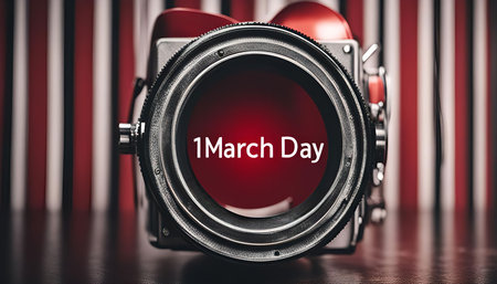 Close-up of an old camera lens with the date 1st March on a red background. A vintage and artistic style for photography.の写真素材