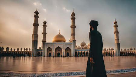 A man standing in front of a beautiful mosque, with a golden dome and minarets, against a blue sky. The image captures the peace and tranquility of the mosque.の写真素材