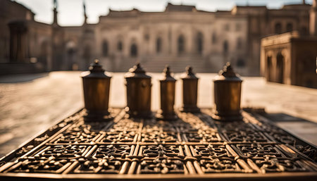 Close-up of golden lanterns placed on an ornate stone floor in the courtyard of a mosqueの写真素材