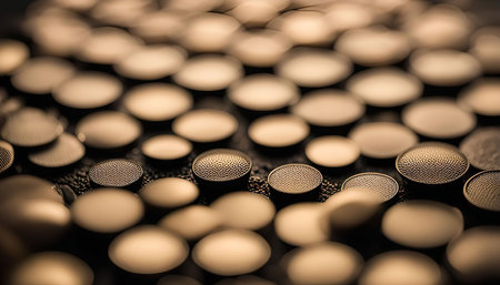 A close-up shot of a pattern of metal buttons with a textured surface. The image captures the details of the buttons, creating an abstract and visually appealing composition.の写真素材