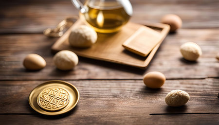 A shiny golden coin with a design intricately sits on a wooden table, surrounded by other objects, creating a still life scene.の写真素材