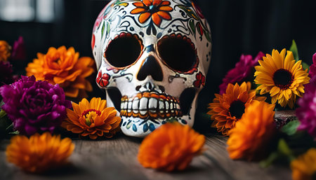 A decorated sugar skull, a symbol of the Day of the Dead, surrounded by colorful flowers.
