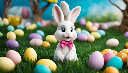 A cute white bunny with a pink bowtie sits in a field of colorful Easter eggs, symbolizing the joy...
