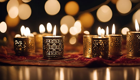 Close-up of burning golden candles with a bokeh background, creating a warm and inviting atmosphere.の写真素材