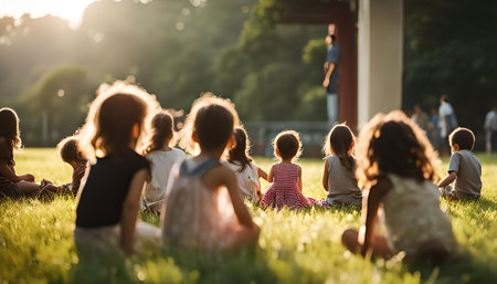 A group of children sit in a green grassy park, watching a performance. The setting is sunny and bright, showcasing a happy and joyful atmosphere.の写真素材