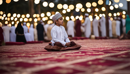 A young boy dressed in traditional clothing sits on a red patterned rug at an outdoor event, surrounded by other people. He is the main focus of the image, with a soft glow of warm lights in the background.の写真素材