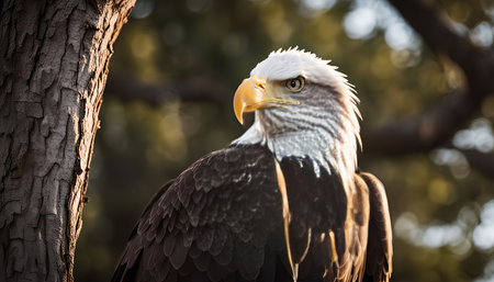 A majestic bald eagle, the national bird of the United States, stands proudly with its sharp gaze fixed on the viewer. Its white head and feathers contrast with the brown and green hues of its surroundings, highlighting its regal presence.の写真素材