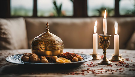 An ornate gold container with food sits on a table, surrounded by three lit candles in gold holders....