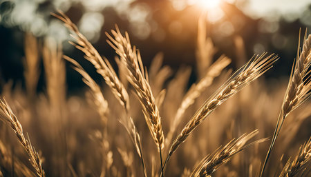 Close-up of golden wheat stalks bathed in the warm light of sunset.