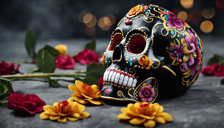Close-up of a decorated sugar skull placed on a black surface. The skull is adorned with colorful...