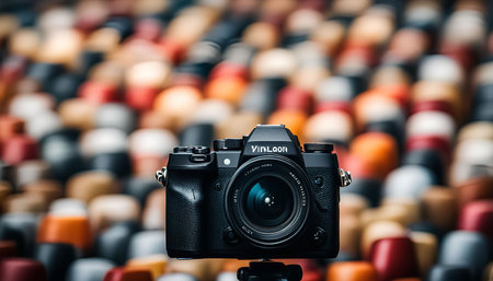 A black camera stands out against a blurry background of various shades of red, orange, and yellow. The camera lens is in focus and the colors are vibrant, creating a visually appealing contrast.の写真素材