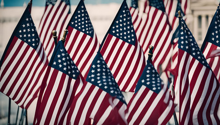 A close up image of several American flags waving in the wind. The flags are arranged in a cluster and are all flying proudly.の写真素材