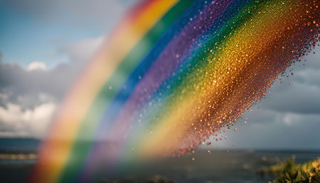 A vibrant rainbow, with droplets of water hanging from it, after a rain shower, creating a magical scene with a focus on the texture of the water droplets.の写真素材