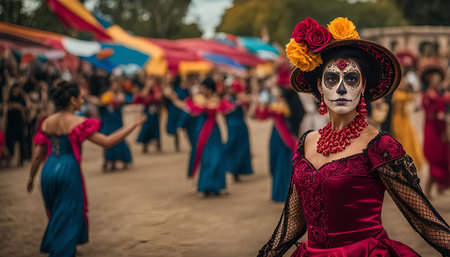 A woman in a vibrant red dress and skull makeup celebrates Dia de los Muertos in a colorful festival...