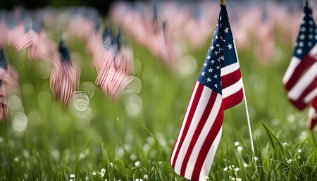 A field of American flags waving in the wind, symbolizing patriotism and national pride.の写真素材