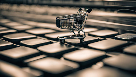 A miniature shopping cart sits on a black keyboard, symbolizing online shopping and the digital economy.の写真素材