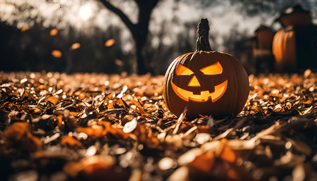 A glowing jack-o'-lantern sits amongst fallen autumn leaves, creating a festive and spooky scene for Halloween.の写真素材
