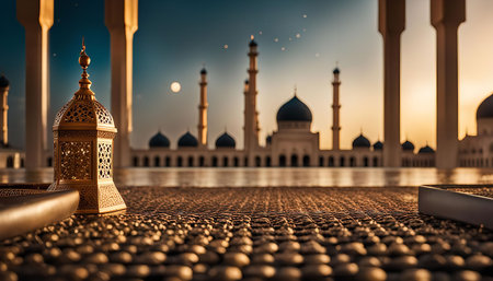 A golden lantern with intricately carvings rests on a stone floor in the foreground, with a majestic mosque in the background. The mosque's minarets and domes reach for the twilight sky, creating a serene and spiritual scene.の写真素材