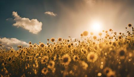 A mesmerizing field of wildflowers bathed in the warm glow of a setting sun, creating a scene of natural beauty and tranquility.の写真素材