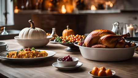 A beautifully set Thanksgiving dinner table with a roasted turkey, pumpkin, and other holiday decor.の写真素材