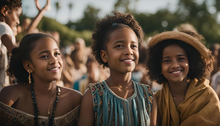 A group of young black girls smiling and looking in the distance in a park with people in the backgroundの写真素材
