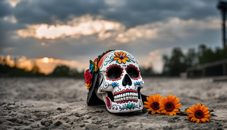 A sugar skull with flowers sits on the ground with a sunset in the background. It's a symbol of the Day of the Dead celebration.の写真素材