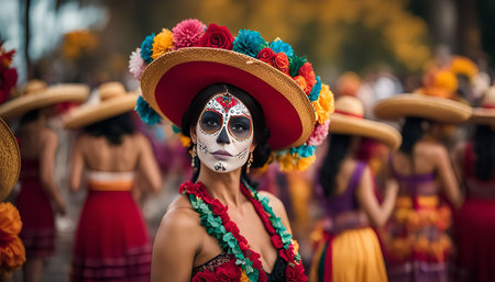 A woman adorned with traditional face paint and a vibrant sombrero celebrates Dia de los Muertos in Mexico.の写真素材