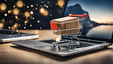 A miniature shopping cart filled with packages sits on a laptop keyboard, representing online shopping and e-commerce.の写真素材