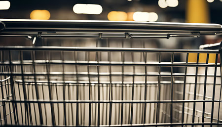 A close-up image of an empty shopping cart. The metal frame is visible, with the handle in the foreground.の写真素材