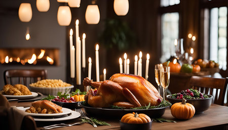 A beautifully set Thanksgiving table with a roasted turkey, surrounded by candles and a warm fireplace, symbolizing a heartwarming celebration.の写真素材