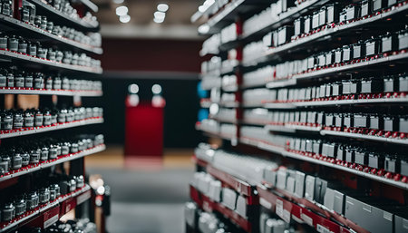 Rows of paint color samples displayed on shelves in a store.の写真素材
