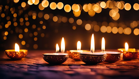 A beautiful arrangement of lit candles for Diwali, the festival of lights. The golden candles glow brightly against a dark background of bokeh lights.の写真素材