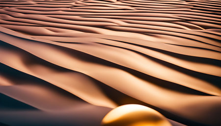 A panoramic view of golden sand dunes bathed in the warm glow of the setting sun, creating an ethereal and mesmerizing landscape.の写真素材